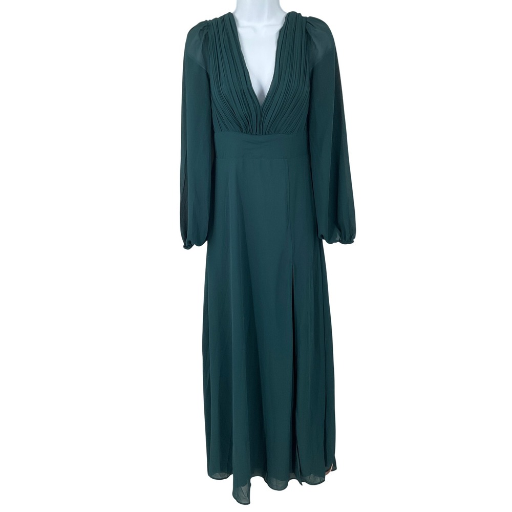Lulus Maxi Dress Womens S Green Chiffon Lace Up Back Pleated Slit Formal Glam